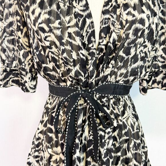 BCBG Max Azria | 100% Silk Blouse | Tie Waist Peplum | Black gray cream | Sz S - Picture 2 of 10